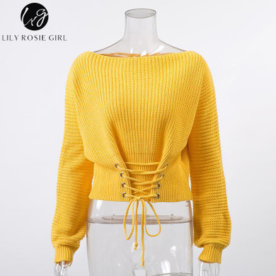 Stylish Black Lace Up Knitted Pullover Sweater for Women