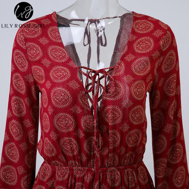 Boho Red Floral Lace-Up Romper for Women - Autumn Style