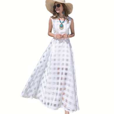 2018 New Women Summer Dress Elegant Vintage Black White Organza Sleeveless Long Beach Maxi Dress Sundress Vestidos De Festa