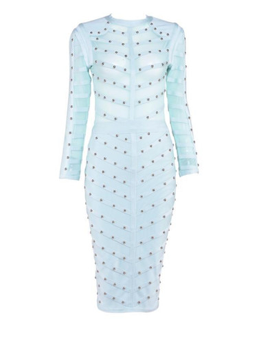 2018 New Women party Dress Bodycon Dress Long Sleeve Studded Button Olive Mesh High Neck Celebrity Sexy Bandage Dress Wholesale