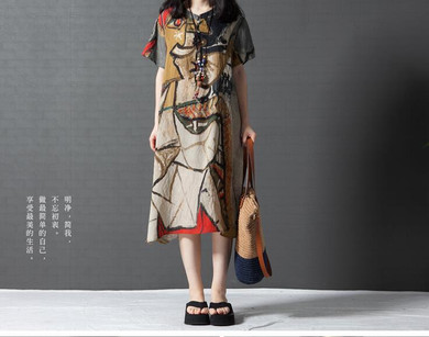 2018 New Summer dress Fashion Loose Comfortable plus size Printing short sleeve Cotton Linen women dress Irregular Vestidos Robe