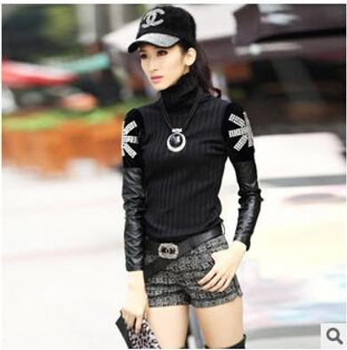 Trendy 2017 Winter Cashmere Turtleneck Sweater for Women - Casual Slim Fit Black Pullover with Diamante Leather Accents