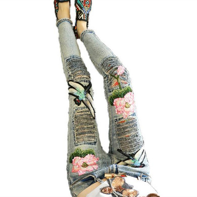 Stylish Floral Embroidered Denim Jeans for Women – 2017 Trendy Leisure Trousers C094