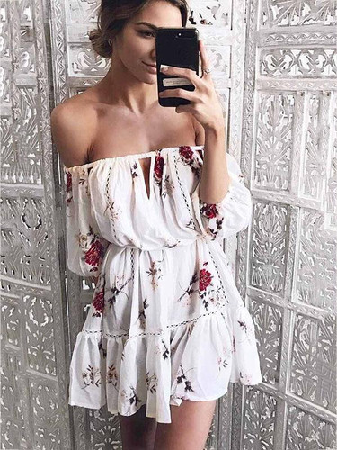 Elegant Floral Off-the-Shoulder Mini Dress with Three-Quarter Sleeves - Perfect for Summer Events and Parties