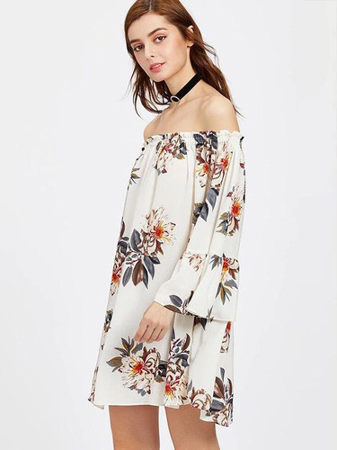 Floral Off-Shoulder Mini Dress with Long Sleeves - Perfect Summer Outfit for Women