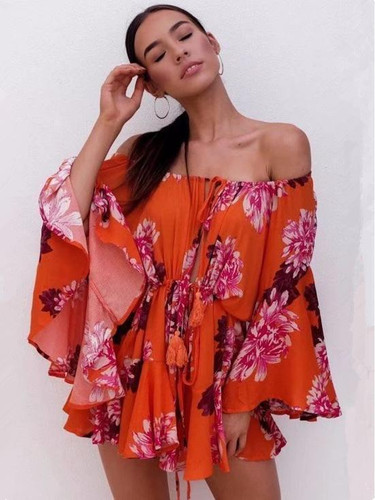 Trendy Floral Off-the-Shoulder Romper with Flared Sleeves for Summer Style