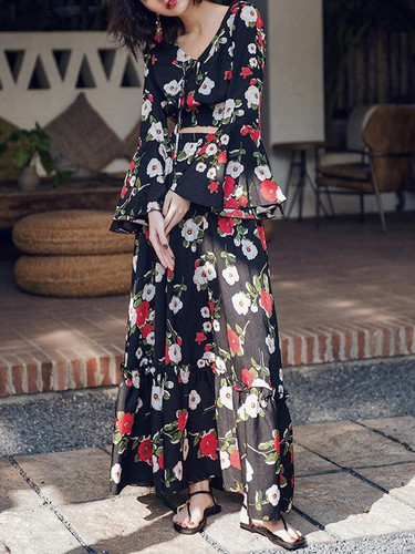 Floral Flared Sleeve Tops with Elegant Long Skirts for Stylish Outfits