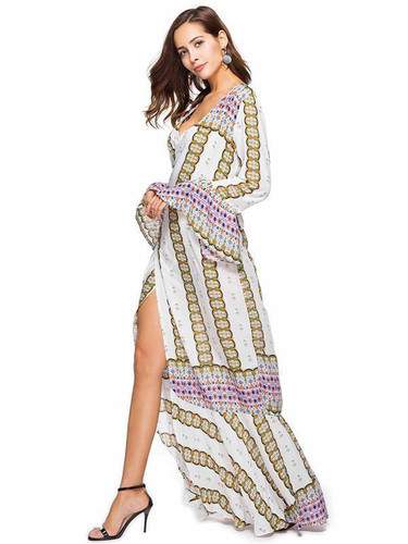 Chic Floral Wrap Maxi Dress with Flared Sleeves for Effortless Elegance
