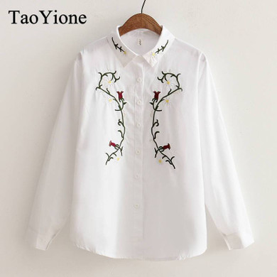 Floral Embroidery White Cotton Blouse for Women | Autumn 2023 Long Sleeve Casual Tops | Loose Fit Fashion Shirt