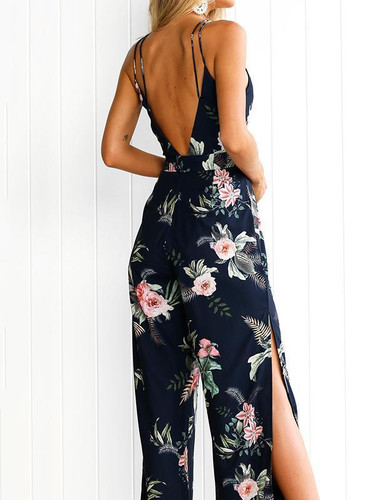 Floral Print Backless Wide Leg Jumpsuit with Split Sides for Trendy Summer Style