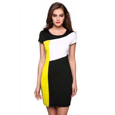 FINEJO Women's Summer Bodycon Dress - Splicing Patchwork Contrast Color with Sleeves, Casual Party Slim Fit, Available in 3XL