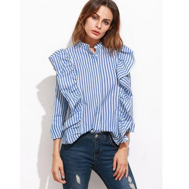 FF Blue Pink Striped Ruffle Blouse Women 2017 Spring Summer Long Sleeve Ruffles Blouse Shirts Women Casual Blouses Tops Female