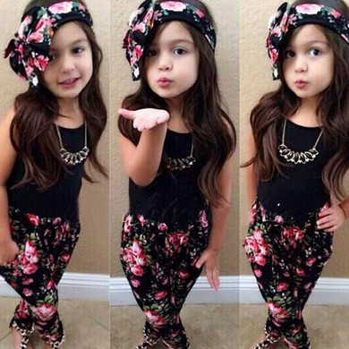 Summer Baby Clothing Sets For Girls Sleeveless Clothes Shirt + Floral Pants + Headband 3PCS Girl Outfits