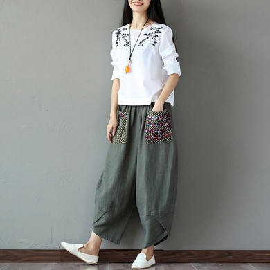 Summer Autumn Woman Trousers Cotton Linen Loose Trousers Wide Leg Pants Elastic Waist Vintage Womens Casual Harem Pants
