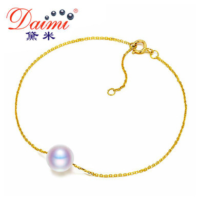 DAIMI 7-7.5mm Round Freshwater Pearl Bracelet 18k Yellow Gold Chain Bracelet White/Pink/Purple Braclelt