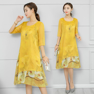 Anteef yellow chiffon silk vintage floral print plus size women casual long loose summer dress vestidos femininos 2018 dresses