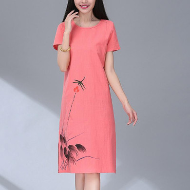Anteef red cotton linen plus size vintage floral print clothes women casual loose midi summer dress vestidos 2018 dresses