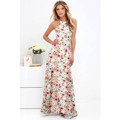 Anself Sexy Women Maxi Boho Dress Halter Neck Floral Print Sleeveless Summer Dress 2018 Holiday Long Slip Beach Dress Vestidos