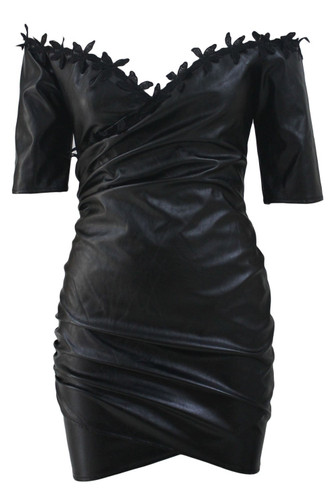Anself Fashion Women Pu Leather Bodycon Dress Off Shoulder Summer Lace Party Dresses Robe Sexy Club Pencil Office Dress Vestidos