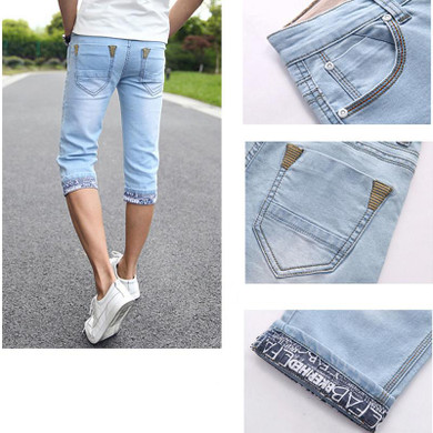 Anbican Brand 2017 New Summer Skinny Jeans Men Stretch Blue Capri Jeans Slim Fit Mens Short Denim Pants