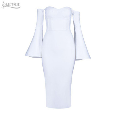 Adyce 2018 New Women Bandage Dress Summer Elegant Celebrity Evening Party Dress Sexy Flare Sleeve White Black Midi Dress Vestido