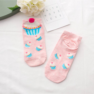 Adult Size Cupcake No-shown Ankle Socks Two Pieces Broke Girl Fairy Patty Cup Cake Bun Dessert Pinky Cream Milk Cartoon NADROP