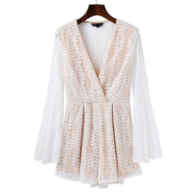 BONGOR LUSS Lace Women Rompers Deep V-Neck Flare Sleeve Hollow Out Sexy Romper Women Casual White Blue Short Jumpsuits Playsuit