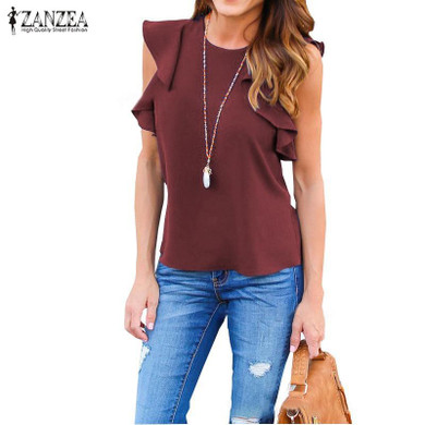 Blusas Femininas 2018 Summer ZANZEA Women Sexy Blouse O Neck Sleeveless Ruffles Casual Solid Shirts Elegant Plus Size Tee Tops