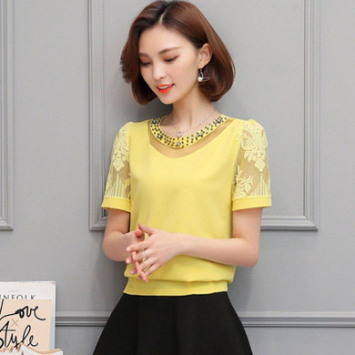 Blusas Femininas 2018 Summer Lace Shirt Plus Size Diamonds Tops Chiffon Short Sleeve Womens Blouses Red Black White Pink