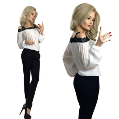 Blusas Femininas 2017 Autumn Spring Women Ladies Sexy Lace Chiffon Off Shoulder Tops Casual Long Sleeve Blouse Shirt Plus Size