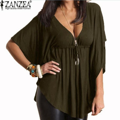Blusas 2017 Summer Women Trendy Sexy Casual Loose V Neck Batwing Sleeve Tee Tops Ladies Solid Blouses Shirts US Plus Size 4-24