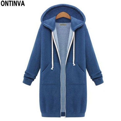 Blue Thick Long Zipper Hoodies for Ladies Fashion Women Oversize with Hat 2018 Winter Full Sleeve Cotton Black Gray Sweatshirts