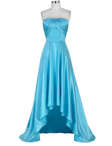 Blue Short Front Long Back Prom Dresses 2017 High Low Prom Dress Evening Party Gown Sexy Satin Pleated Strapless Dress 0112