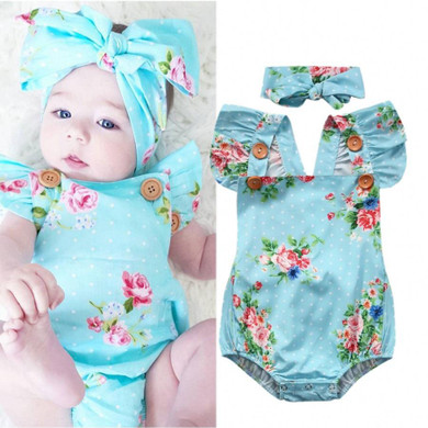 Blue Floral Romper headband Baby Girls Cute ruffles Floral backless Romper One-piece Sunsuit Headband Clothes Set