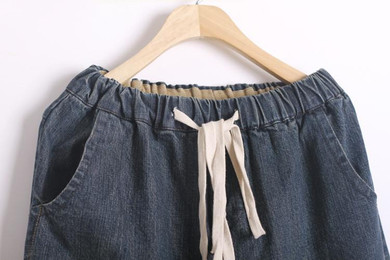 Blue Cotton Elastic waist Denim Women Harem Pants Drawstring Loose Casual Vintage Jeans Pants Brand design Harem Trousers A048