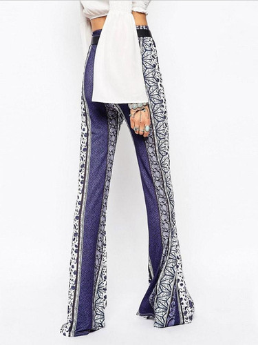 Blue and White Porcelain Printed Bell-bottoms Casual Pants