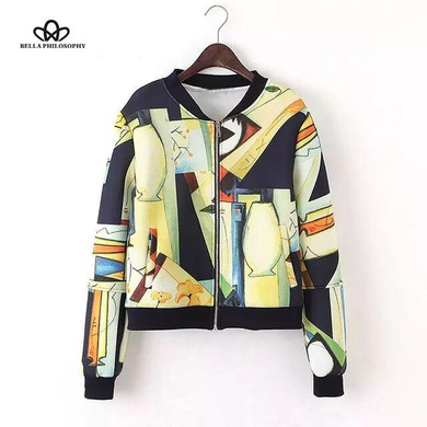 Bella Philosophy 2017 spring summer art Graffiti full print women bomber jacket coat real photo long