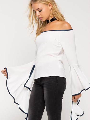 Pretty Sexy Solid Color Long Flared Sleeve Off-Shoulder T-Shirt Tops