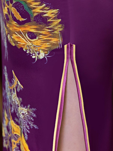 Pretty Purple Embroidery Cap Sleeve Turtle Neck Side Split Long Cheongsam Party Dress