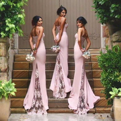 Pretty Bridesmaid Dress Long Backless Satin Formal Gowns Lilac Bridesmaid Dresses 2016 Mermaid WIth Appliques Lace Spaghetti
