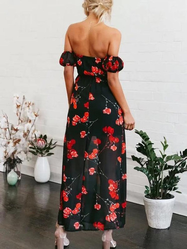 Pretty Bohemia Floral Off-shoulder Split-side Maxi Dress