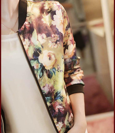 2017 New Hot Sale Fashion Women Stand Collar Long Sleeve Zipper Retro do old Floral Printed Bomber Jacket