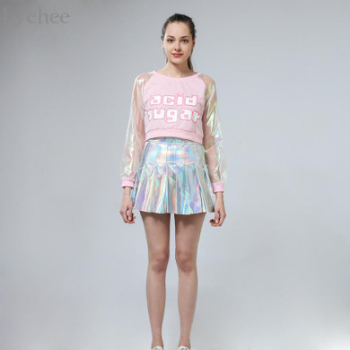 Lychee Punk Style Summer Women Harajuku Skirt Holographic Hologram Metallic Skirt Silver Pleated Mini Skirt Saia