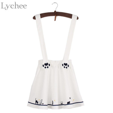 Lychee Lolita Style Summer Women Skirt Kawaii Cartoon Cat Paw Embroidery Elastic Suspender Skirt Mini A-line Skirt
