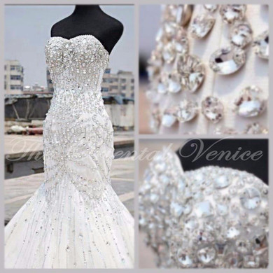 Luxury Rhinestone White Mermaid Prom Dresses Silver Crystal Long Evening Dress 2017 Real Photos Sweetheart Formal Party Gowns