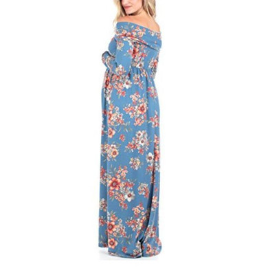 Maternity Off Shoulder Flowers Print Full Length Dress
