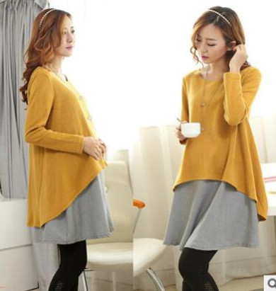 Maternity clothing autumn and winter medium-long houndstooth faux two piece dress maternity plus size loose Maternity clothing autumn and winter medium-long houndstooth faux two piece dress maternity plus size loose