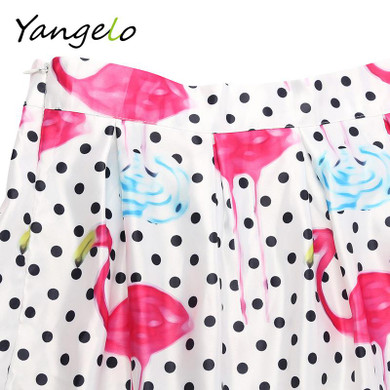 2017 New Fashion Women Summer Midi Skirts Flamingos Printing skirts High Waist Pleated A-line Skirt
