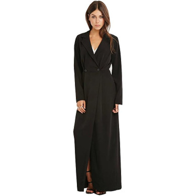 HDY Haoduoyi Solid Black Fashion Coats Women Long Sleeve Turn-down Collar Longline Outwear Slim Loose Button Trench Coats
