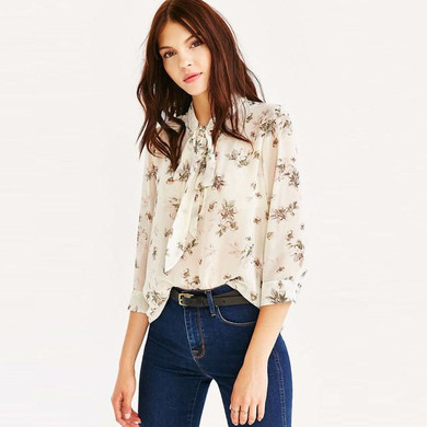 HDY Haoduoyi Fashion Floral Printed Shirts Women 3/4 Sleeve Female Pullover Tops Chiffon Blouse Casual Shirts For Ladies